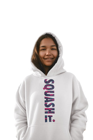 Squash It. Unisex White Hoodie with Vertical Pink Camouflage