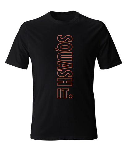 Squash It. Black, Unisex T Shirt with Vertical Orange Outline